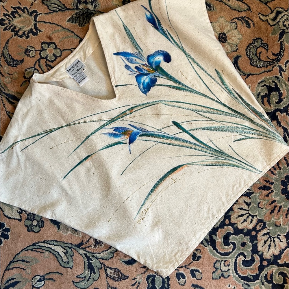 1980s Hand Painted Two Piece Set – Natural Cotton Top & High Waist Pants (S/M) - Picture 4 of 8